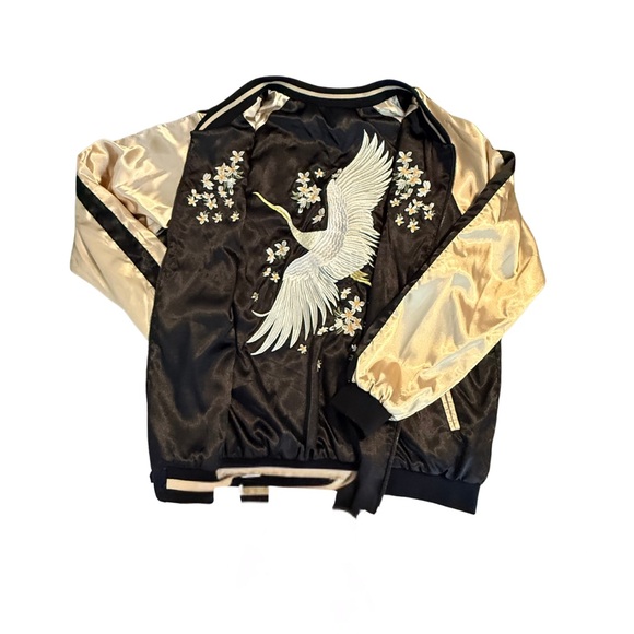 Black and Gold Women's Reversible Bomber Jacket with Japanese Style Embroidery - Picture 6 of 9